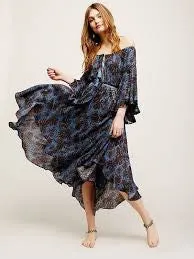 SALE 50% OFF Off The Shoulder Boho Maxi Dress "The Island Life" Bell Sleeves Lace Up Front Dark Blue And Black Print Sizes Small Medium Large Or Extra Large