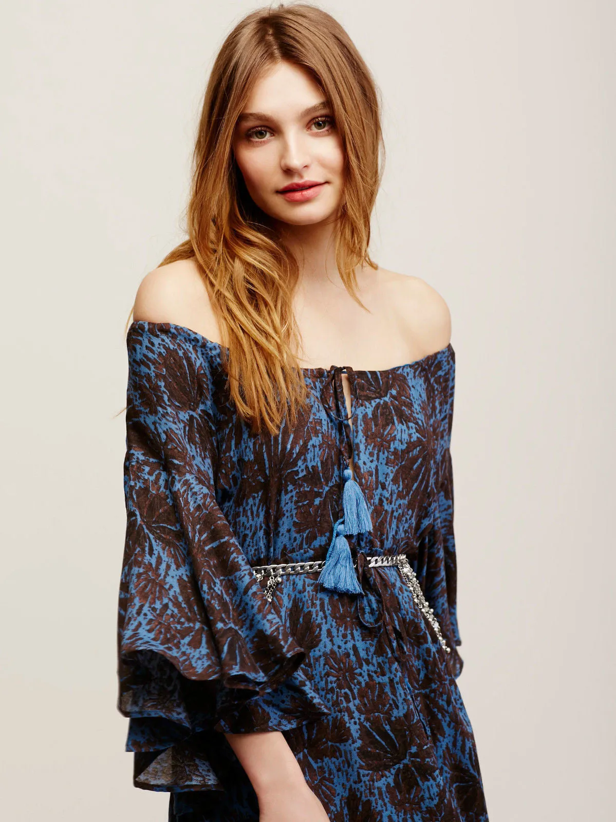 SALE 50% OFF Off The Shoulder Boho Maxi Dress "The Island Life" Bell Sleeves Lace Up Front Dark Blue And Black Print Sizes Small Medium Large Or Extra Large