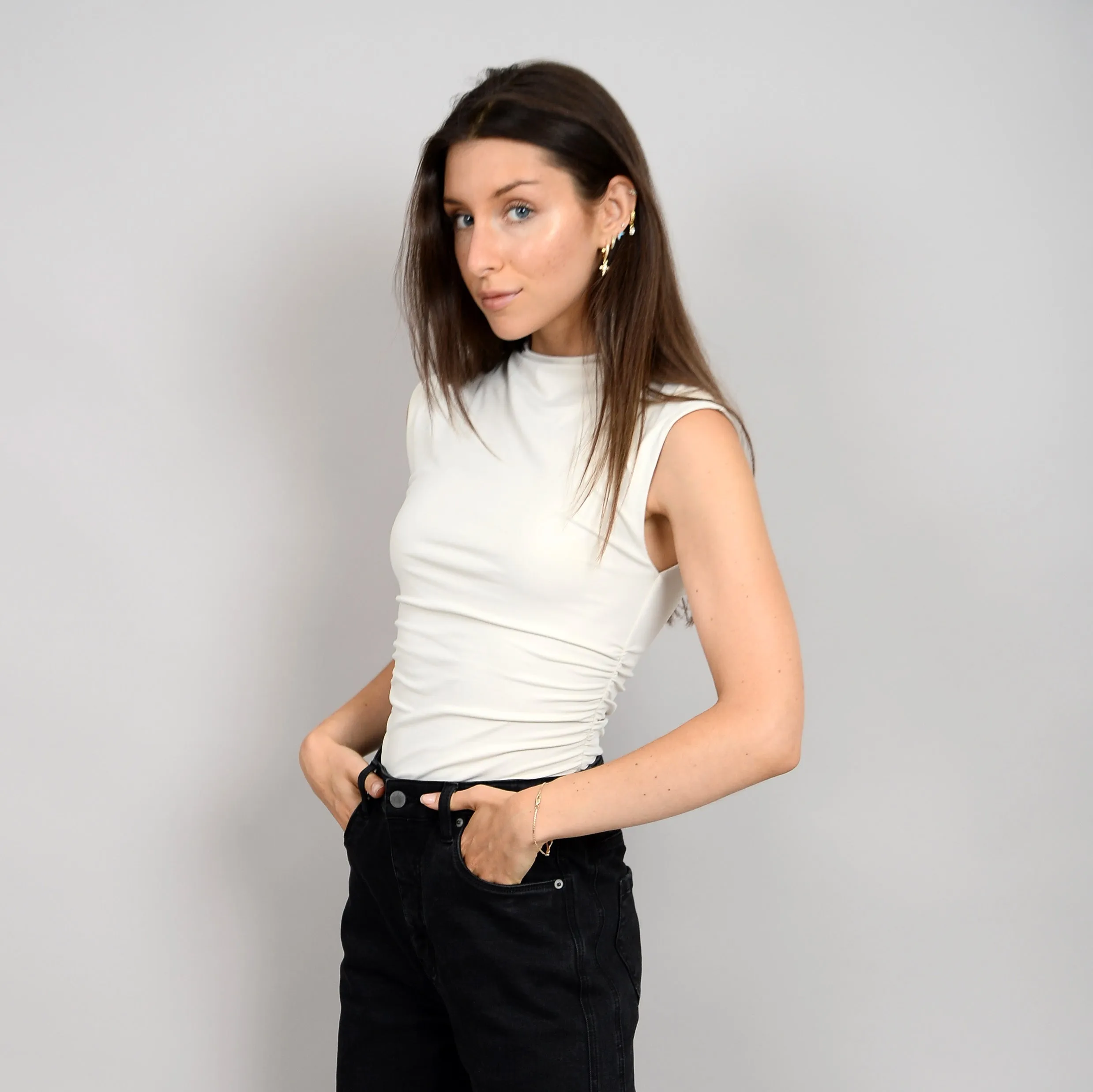 SECOND SKIN BY RD STYLE WOMEN'S YVE SLEEVELESS MOCK NECKLINE RUCHED BODYSUIT-CHAMPAGNE
