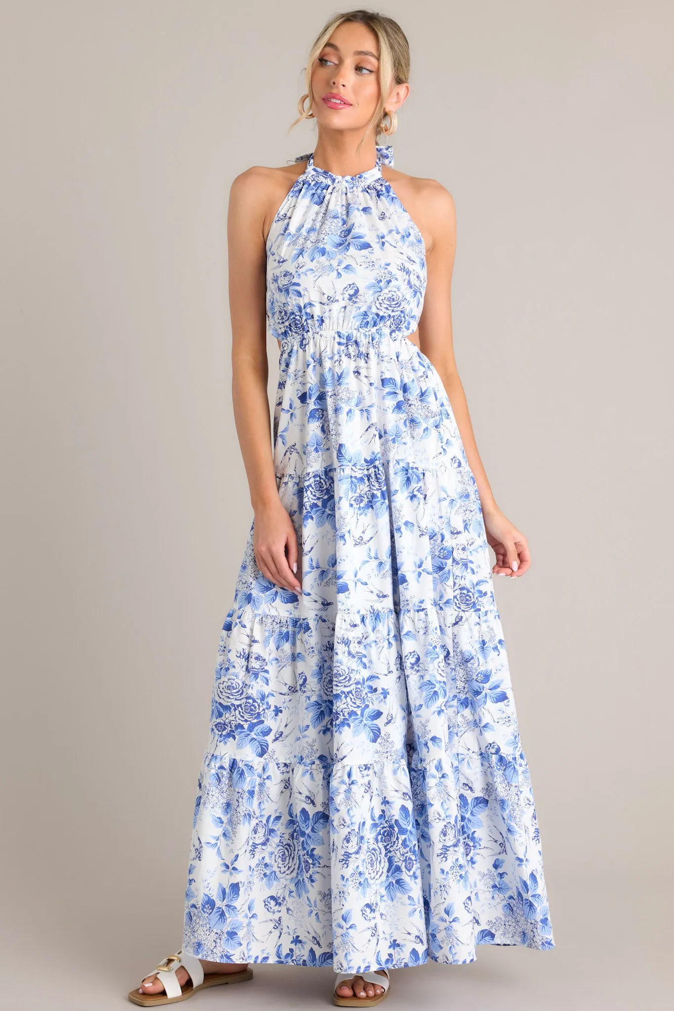 Secret Garden White & Blue Floral Halter Maxi Dress