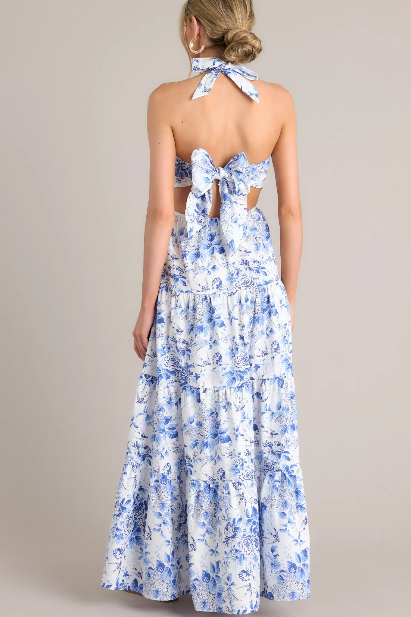 Secret Garden White & Blue Floral Halter Maxi Dress