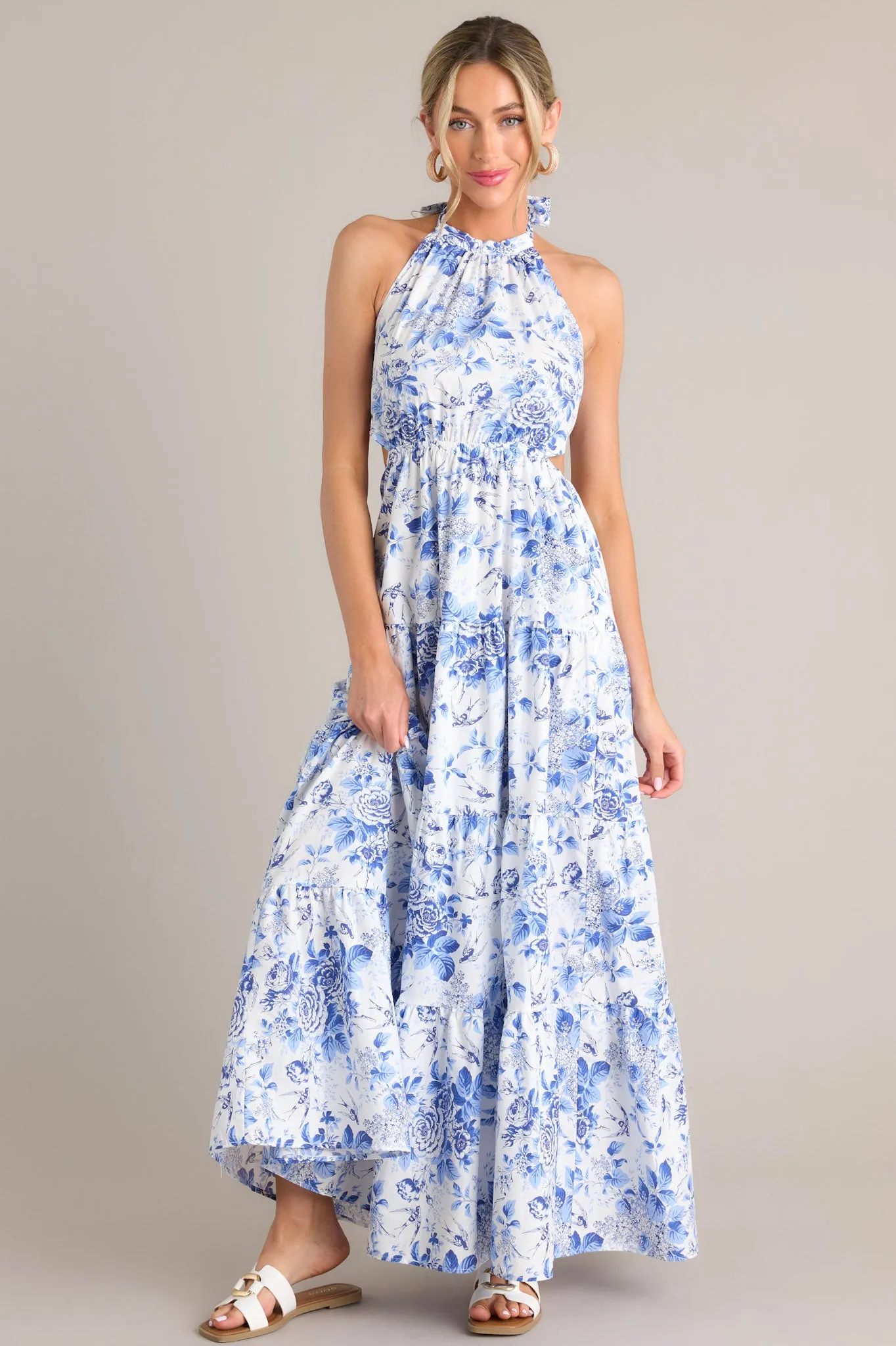 Secret Garden White & Blue Floral Halter Maxi Dress