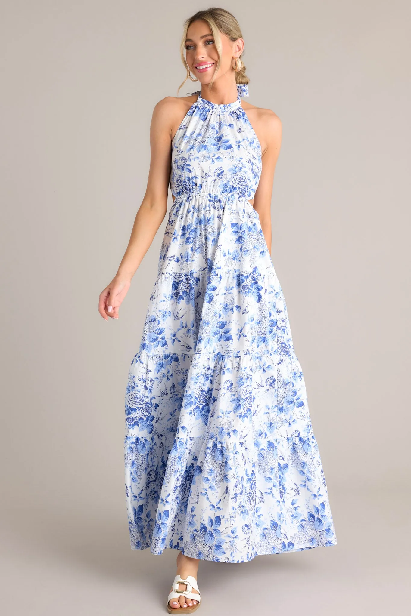 Secret Garden White & Blue Floral Halter Maxi Dress