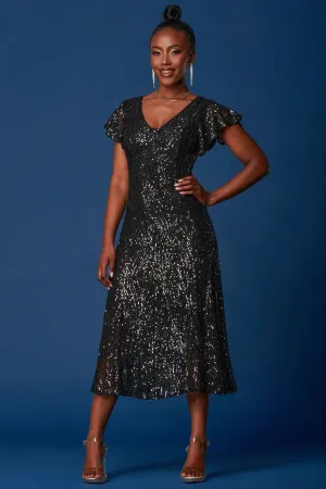 SEQUIN FIT & FLARE MAXI DRESS (BLACK)