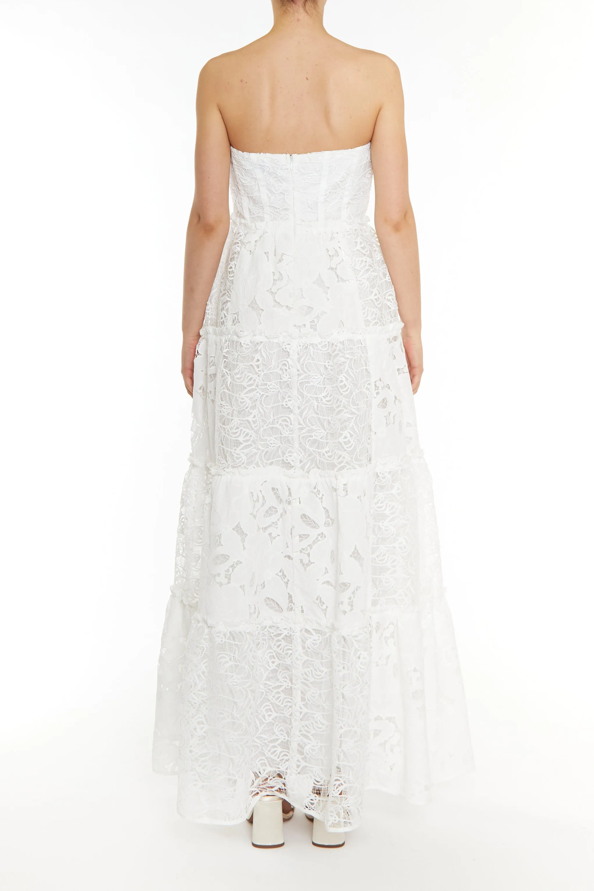 Serena White Patchwork Lace Tiered Bandeau Maxi Dress