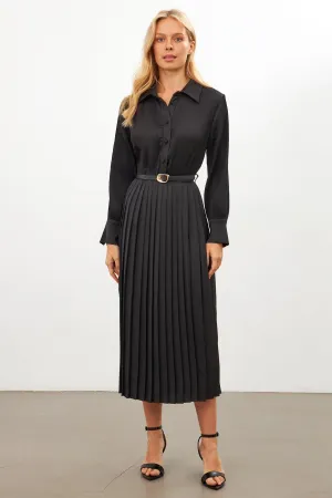 Setre Belted Pleated Shirt Collar Long Sleeve Dress Black