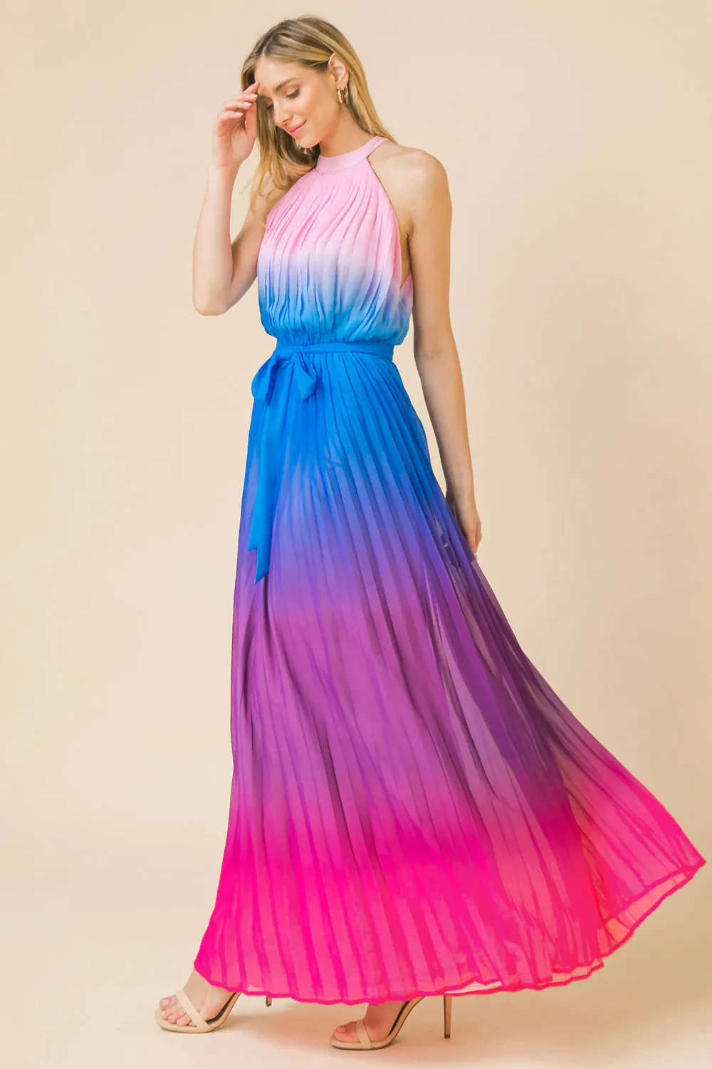 Sheer Pleated Ombre Maxi