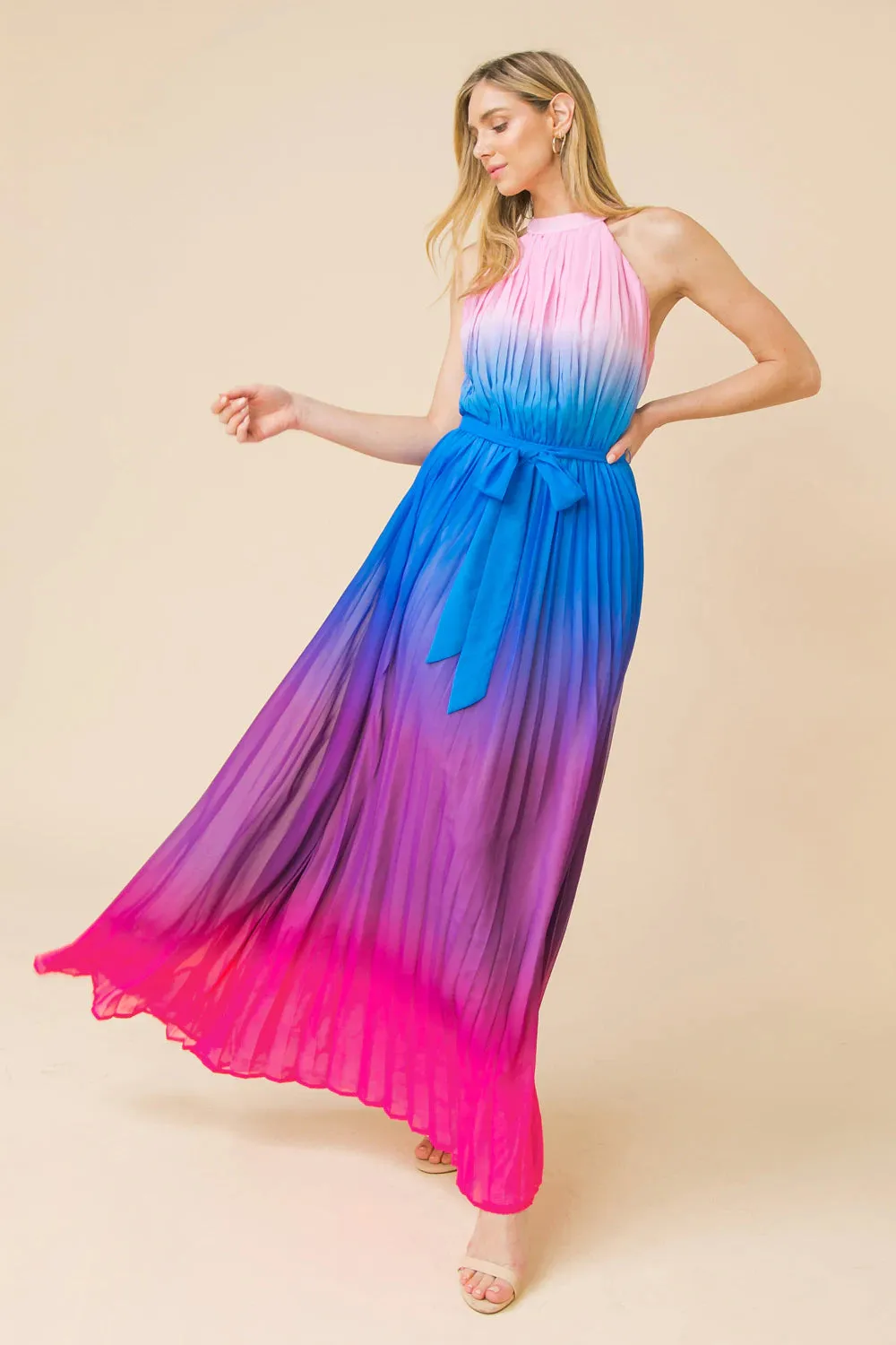Sheer Pleated Ombre Maxi