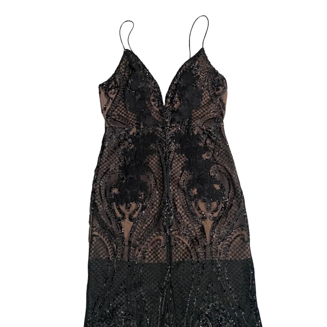 Shoestring Sequins Maxi Dress Black Nude SIZE 12