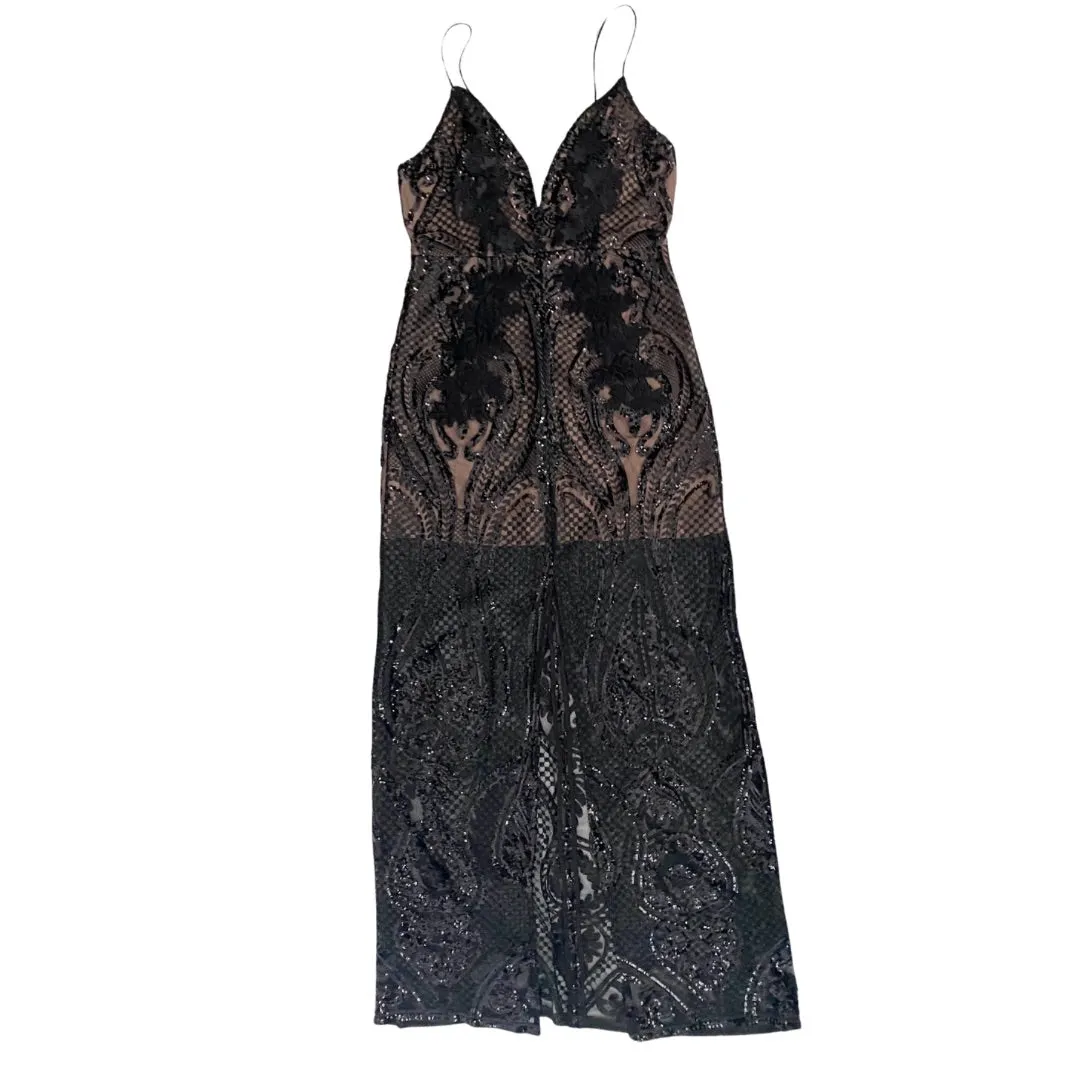 Shoestring Sequins Maxi Dress Black Nude SIZE 12