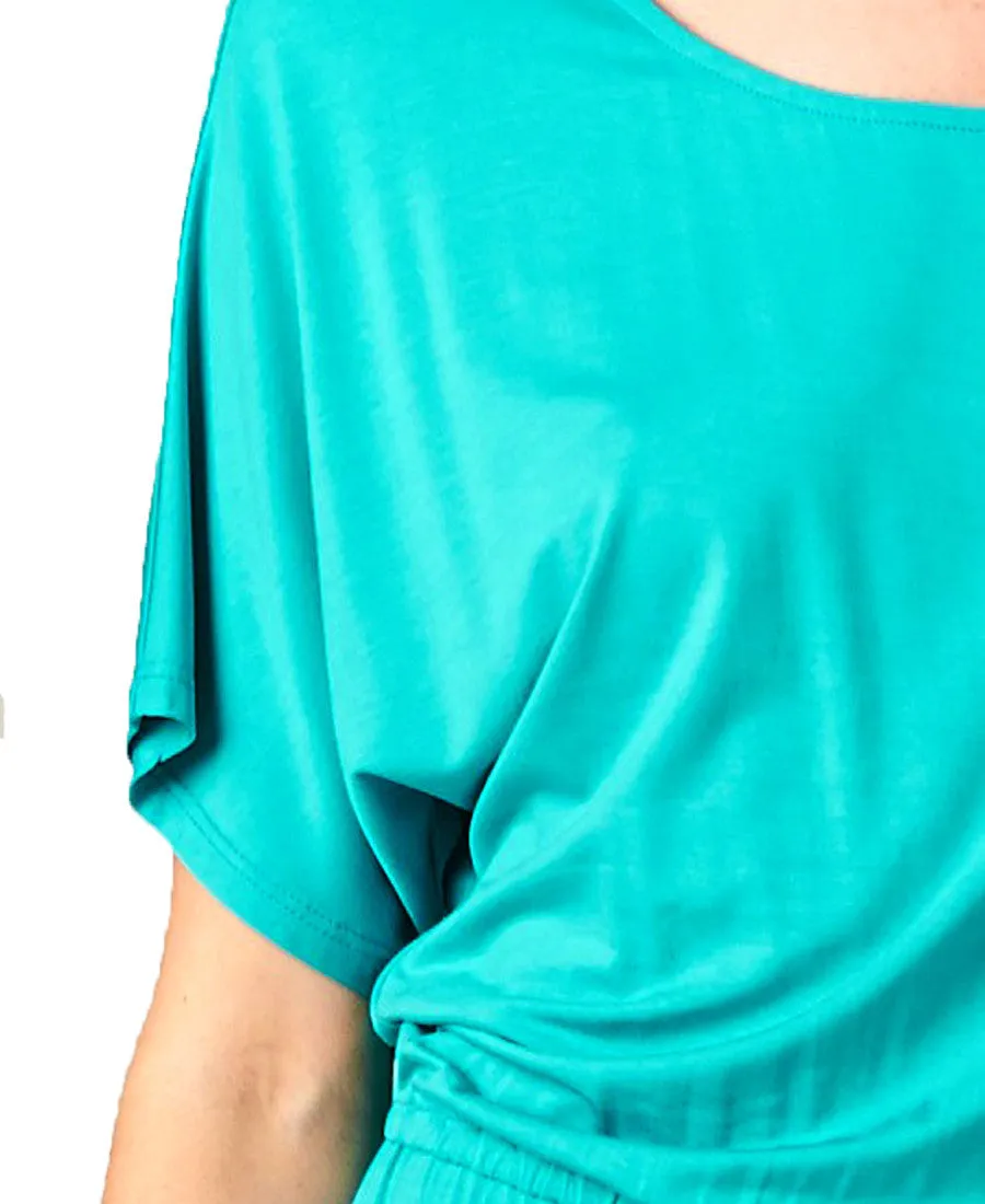 Short Sleeve Dolman Boyfriend Maxi Dress with Elastic Waist Drawstring Aqua