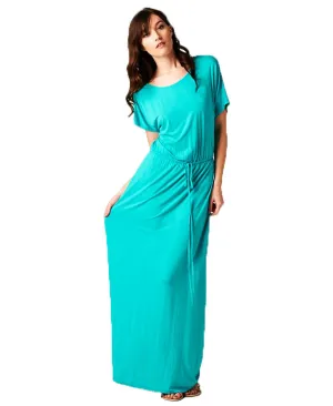 Short Sleeve Dolman Boyfriend Maxi Dress with Elastic Waist Drawstring Aqua
