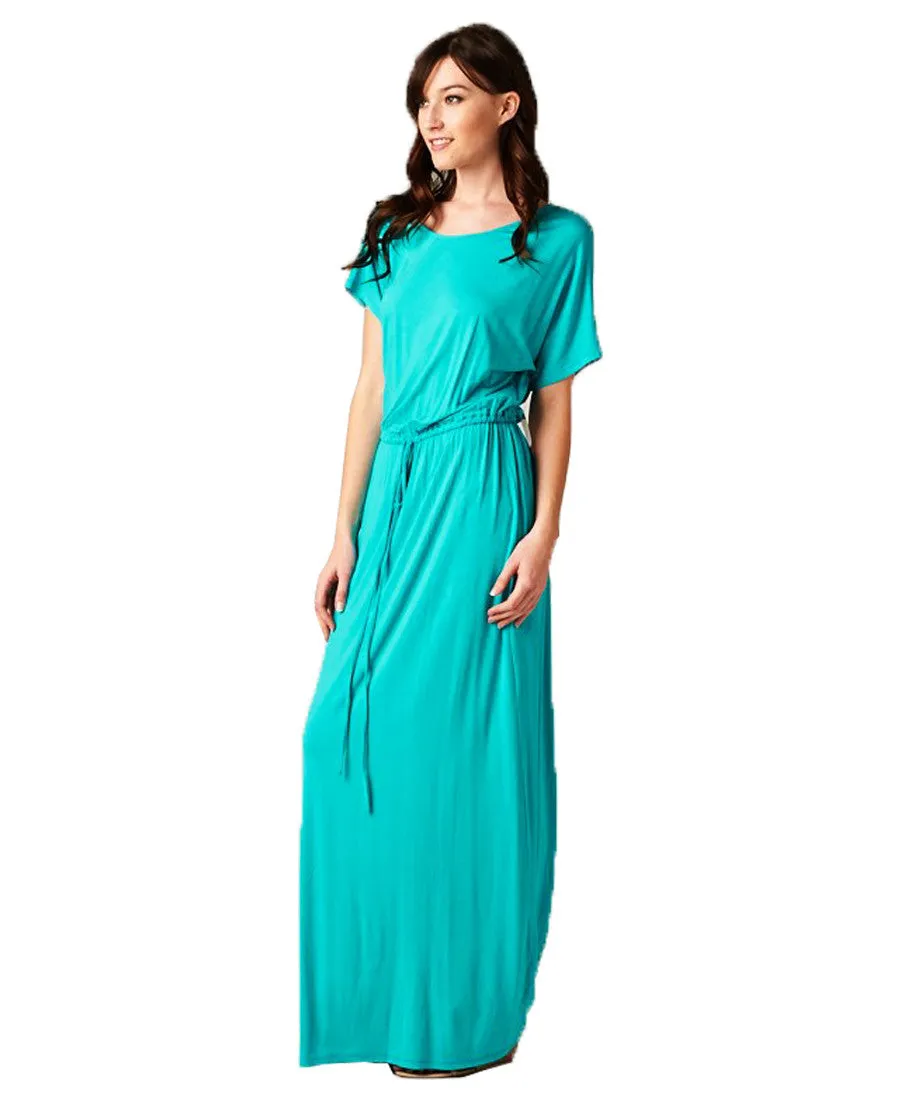 Short Sleeve Dolman Boyfriend Maxi Dress with Elastic Waist Drawstring Aqua