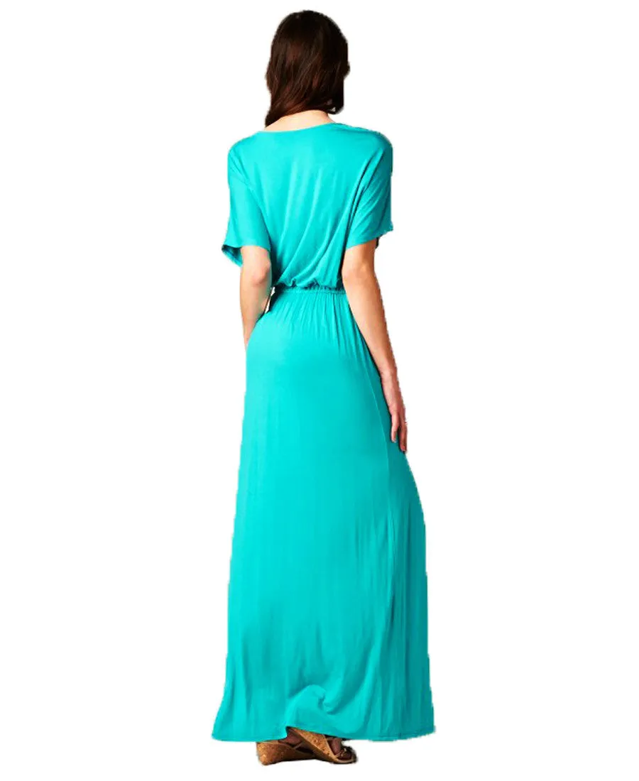 Short Sleeve Dolman Boyfriend Maxi Dress with Elastic Waist Drawstring Aqua