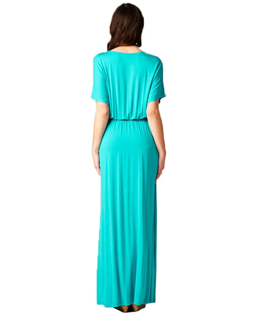 Short Sleeve Dolman Boyfriend Maxi Dress with Elastic Waist Drawstring Aqua