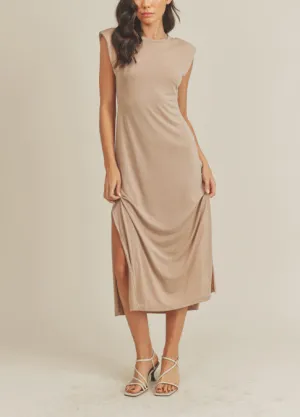 Shoulder Pad Taupe Midi Dress