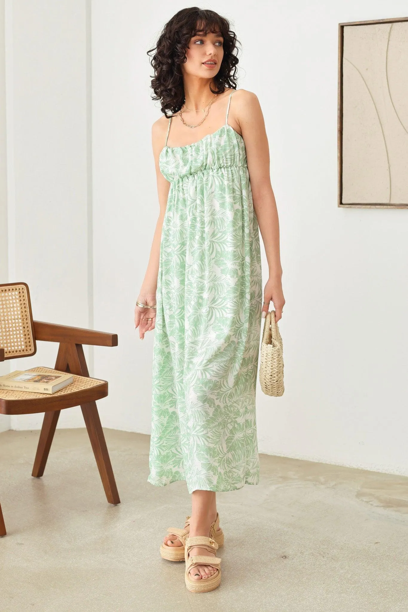 Sleeveless Shirring Tropical Print Adjustable Strap Midi Dress