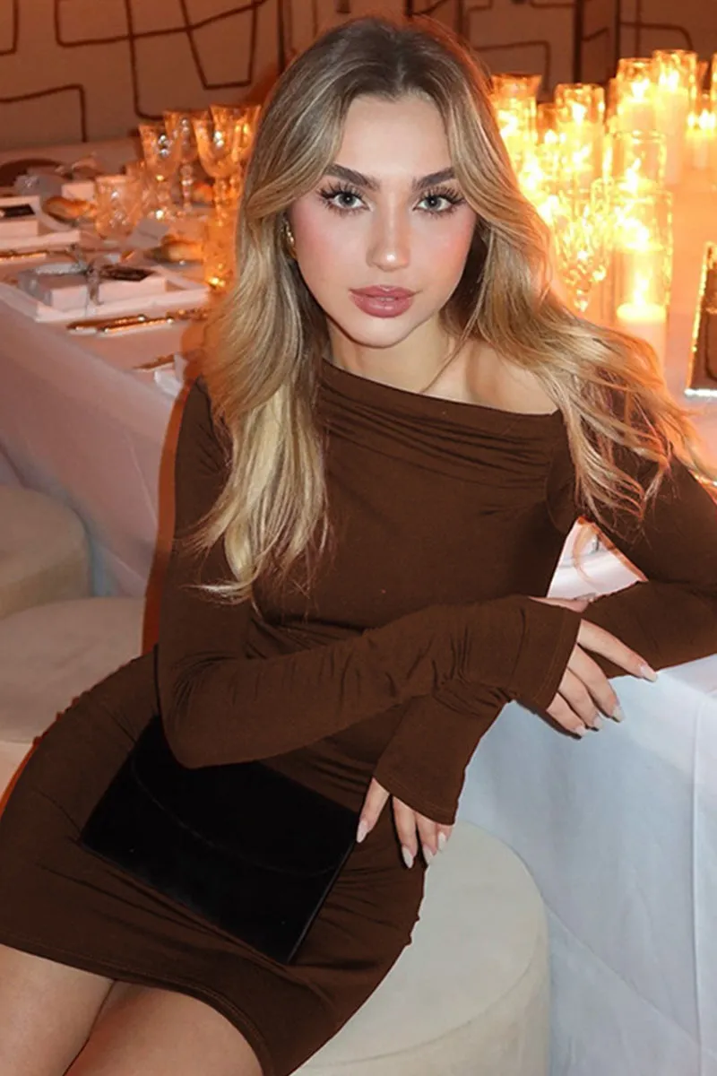 Solid Long Sleeve Slant Neck Ruched Mini Dress
