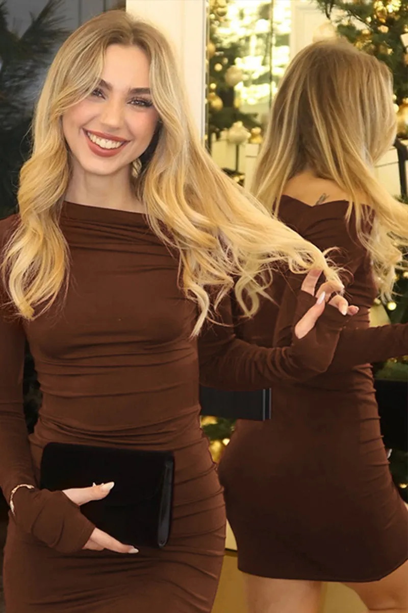 Solid Long Sleeve Slant Neck Ruched Mini Dress