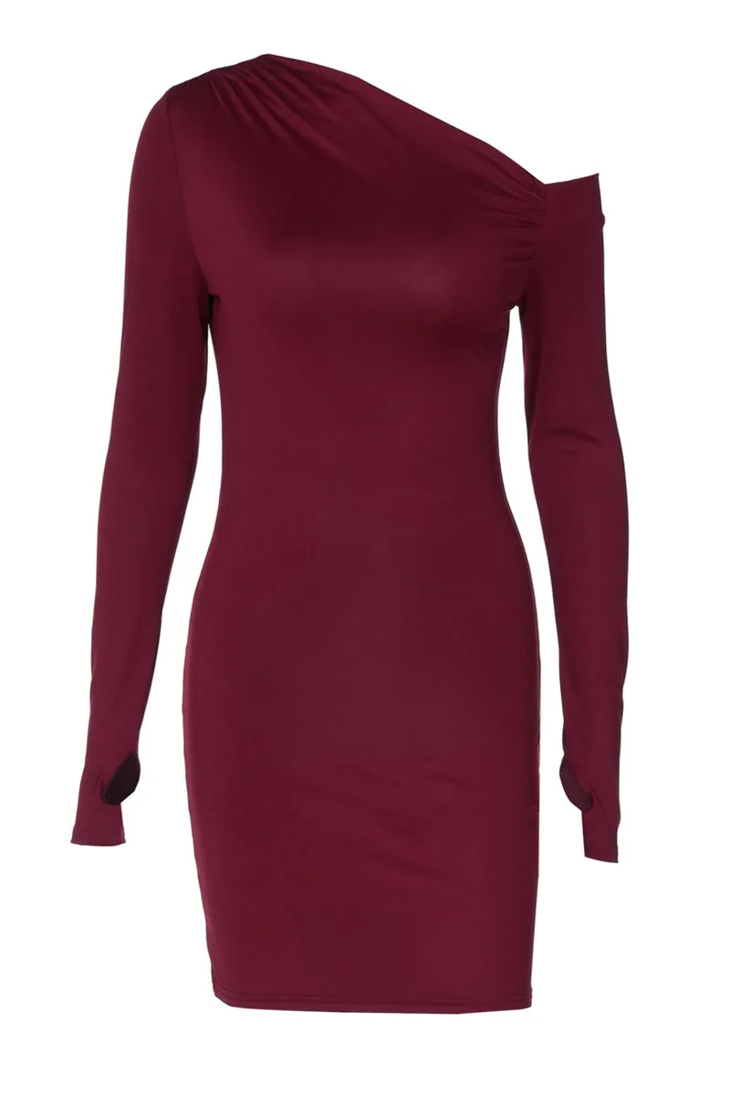 Solid Long Sleeve Slant Neck Ruched Mini Dress