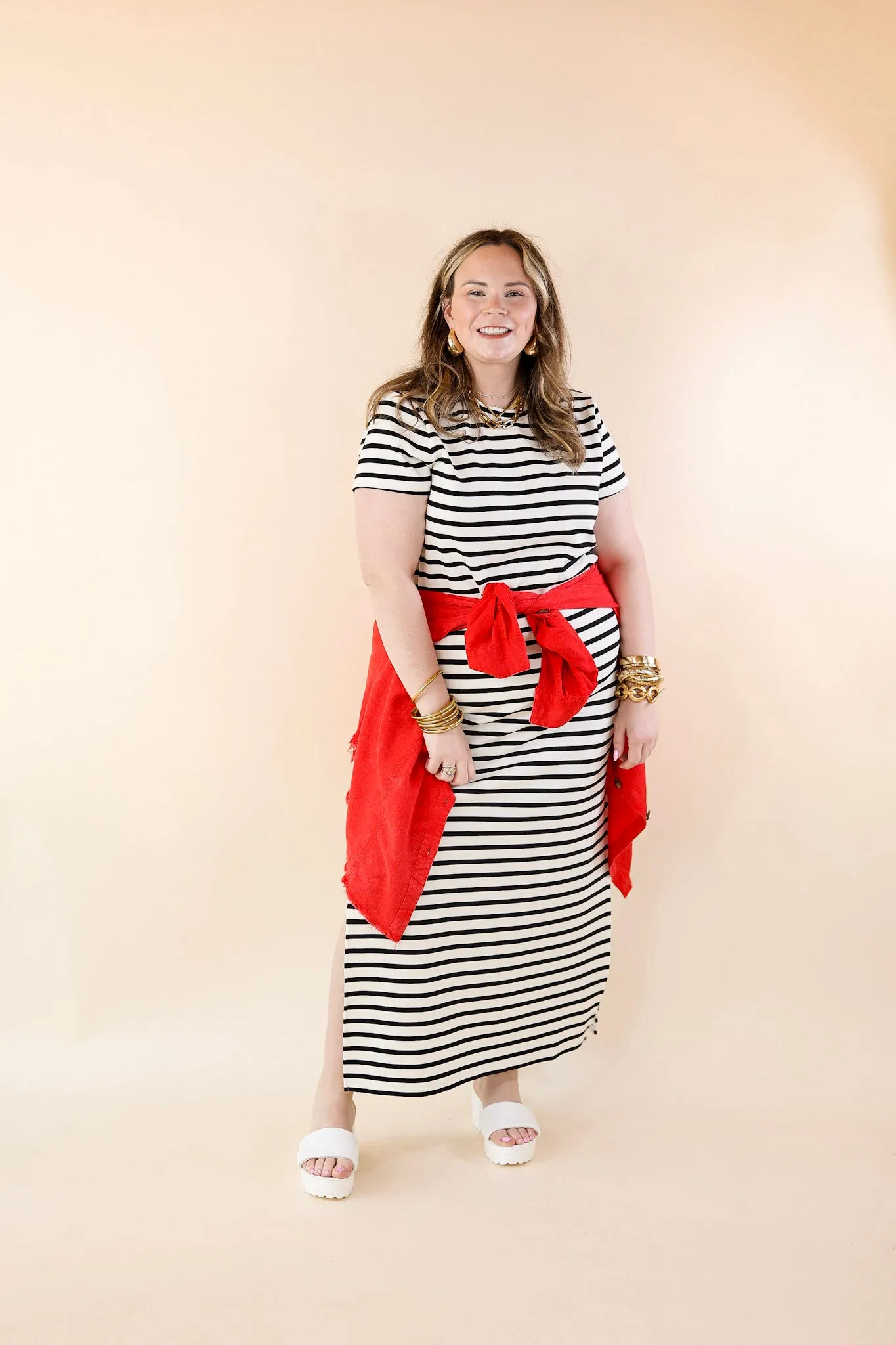 SPANX | AirEssentials Maxi T-Shirt Dress in Very Black Stripe