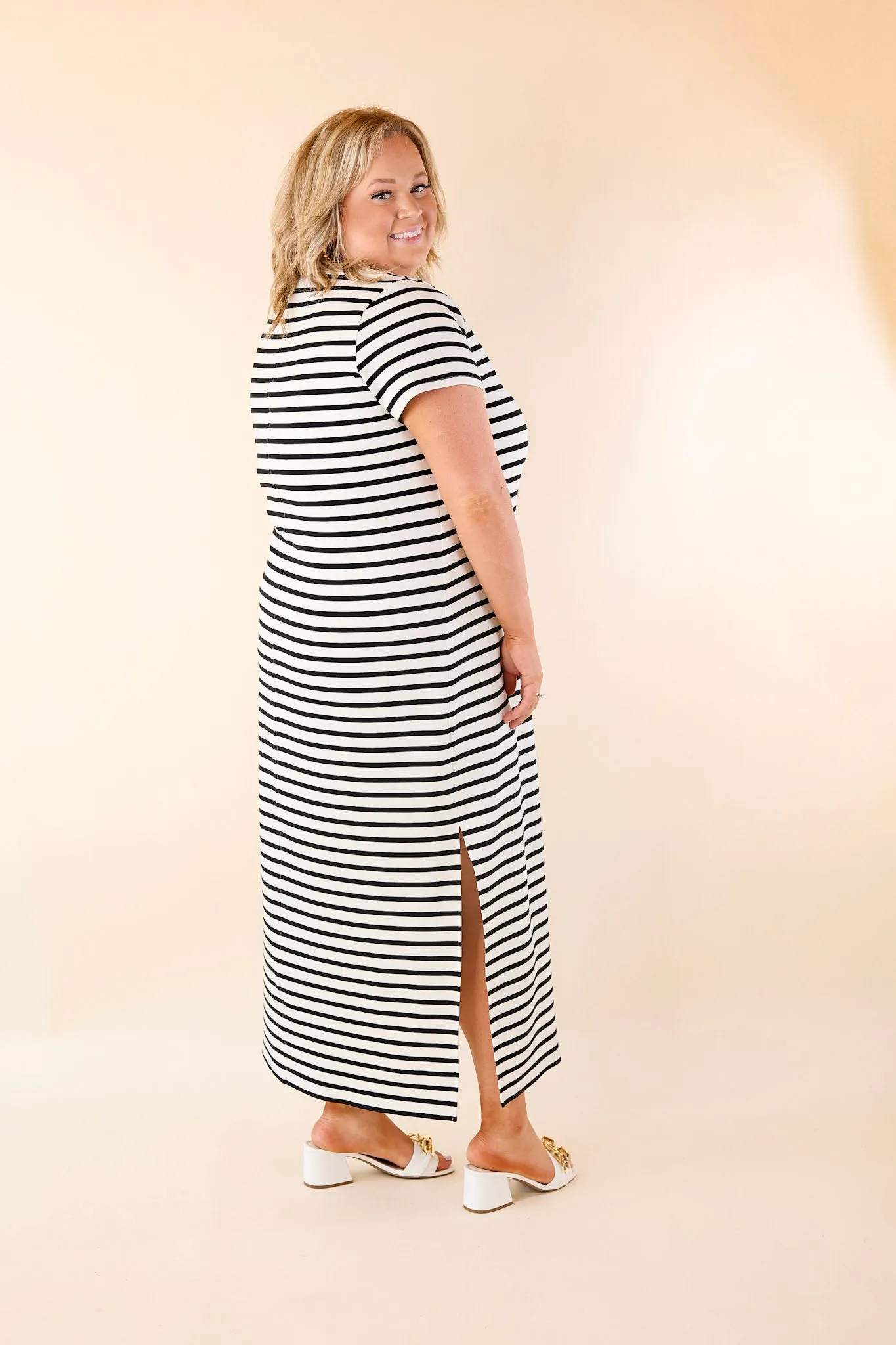 SPANX | AirEssentials Maxi T-Shirt Dress in Very Black Stripe