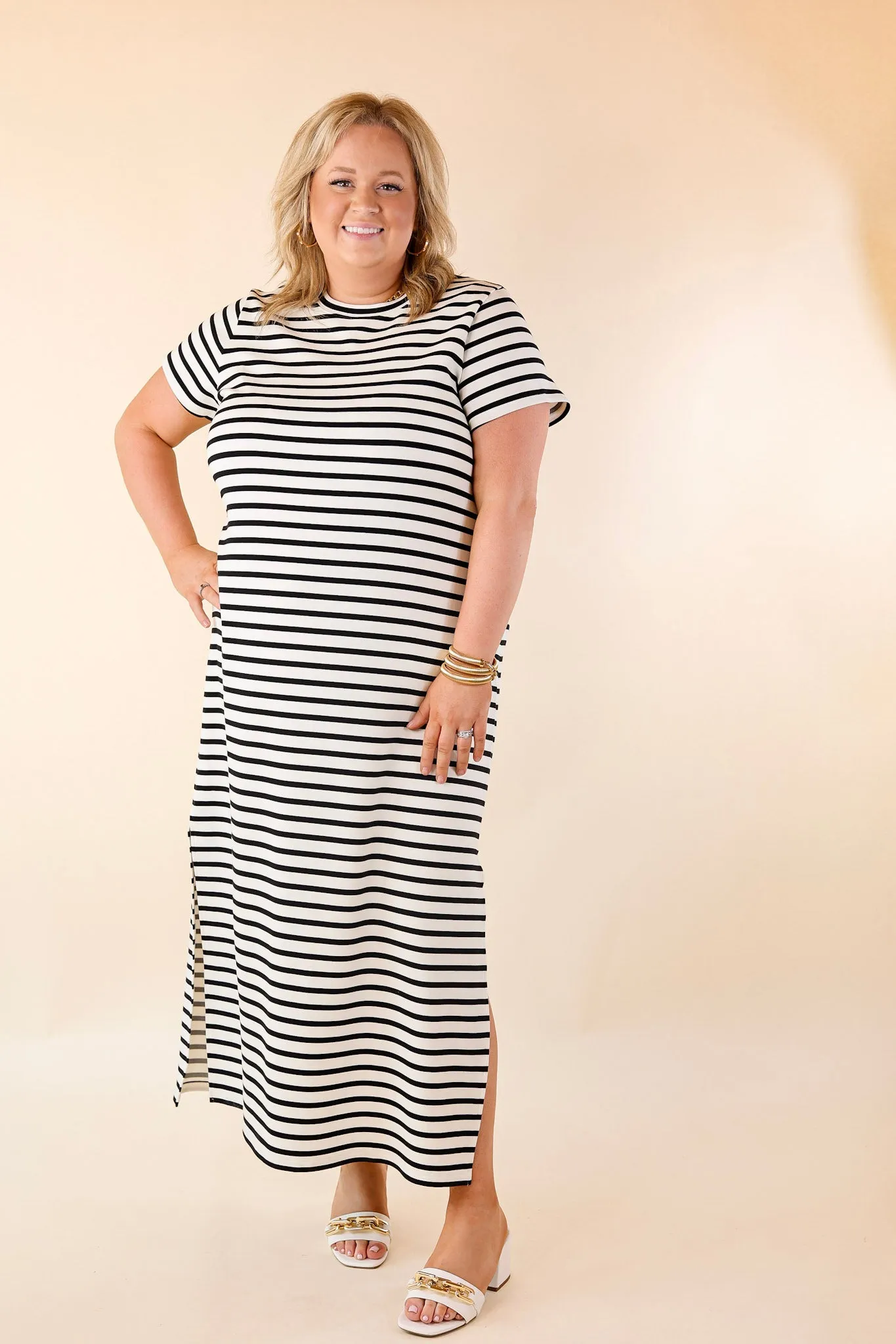 SPANX | AirEssentials Maxi T-Shirt Dress in Very Black Stripe