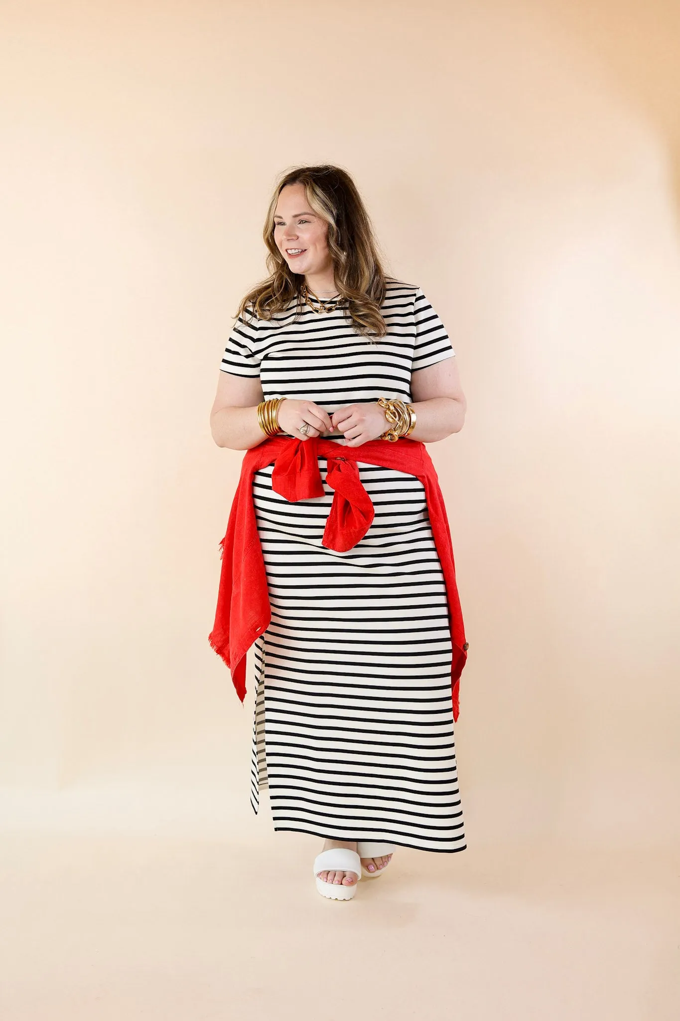 SPANX | AirEssentials Maxi T-Shirt Dress in Very Black Stripe