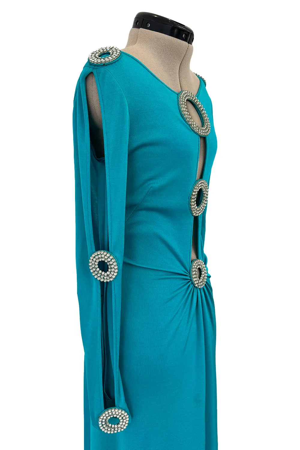 Spectacular Early 1970s Loris Azzaro Plunging Turquoise Silk Jersey w Open Rhinestone Rings
