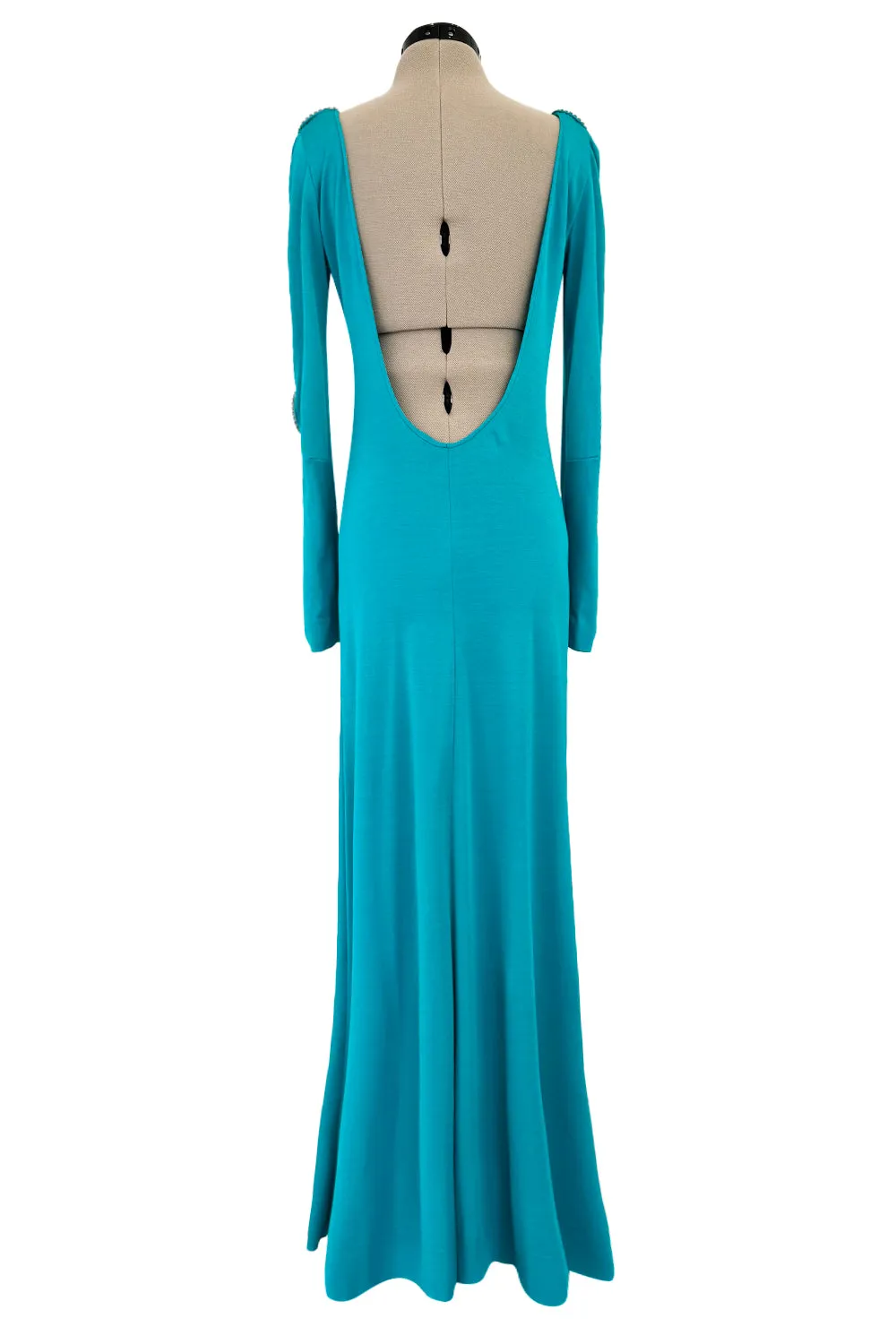 Spectacular Early 1970s Loris Azzaro Plunging Turquoise Silk Jersey w Open Rhinestone Rings