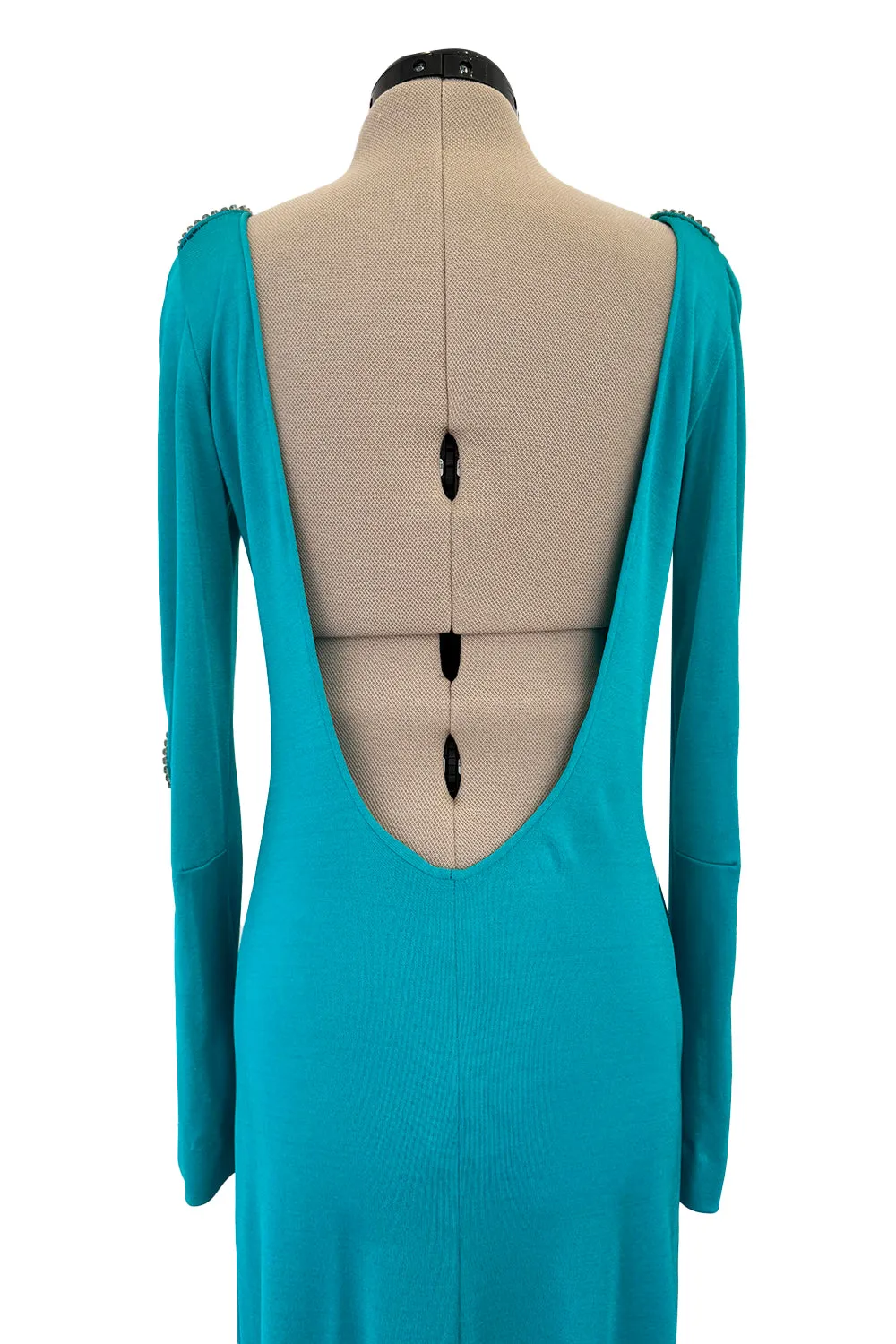 Spectacular Early 1970s Loris Azzaro Plunging Turquoise Silk Jersey w Open Rhinestone Rings