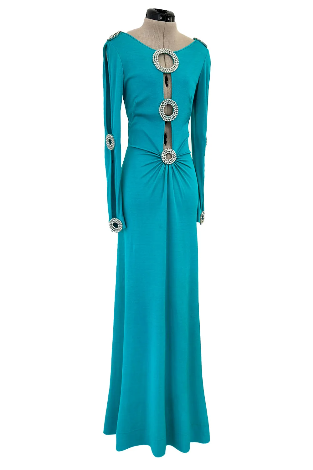 Spectacular Early 1970s Loris Azzaro Plunging Turquoise Silk Jersey w Open Rhinestone Rings
