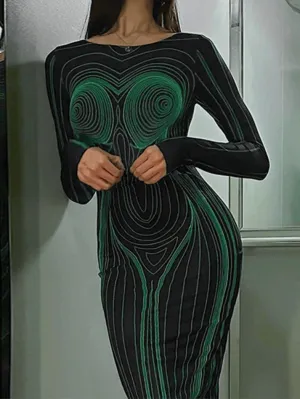 Spiral Line Print Long Sleeve Maxi Dress
