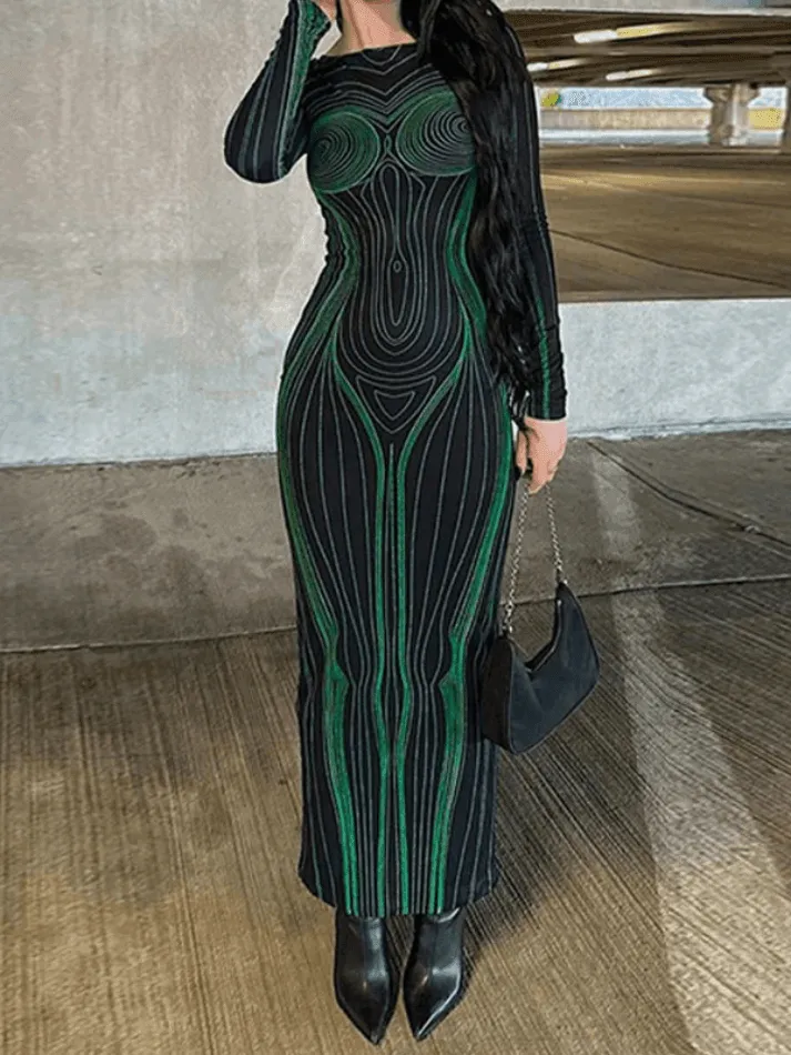 Spiral Line Print Long Sleeve Maxi Dress
