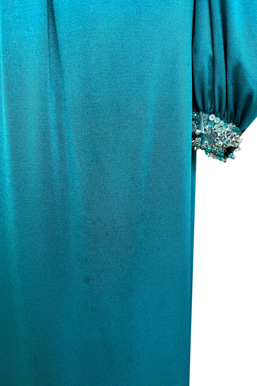 Spring 1971 Loris Azzaro Turquoise Silk Jersey Dress w Dense Bead & Pailettes Embellishments