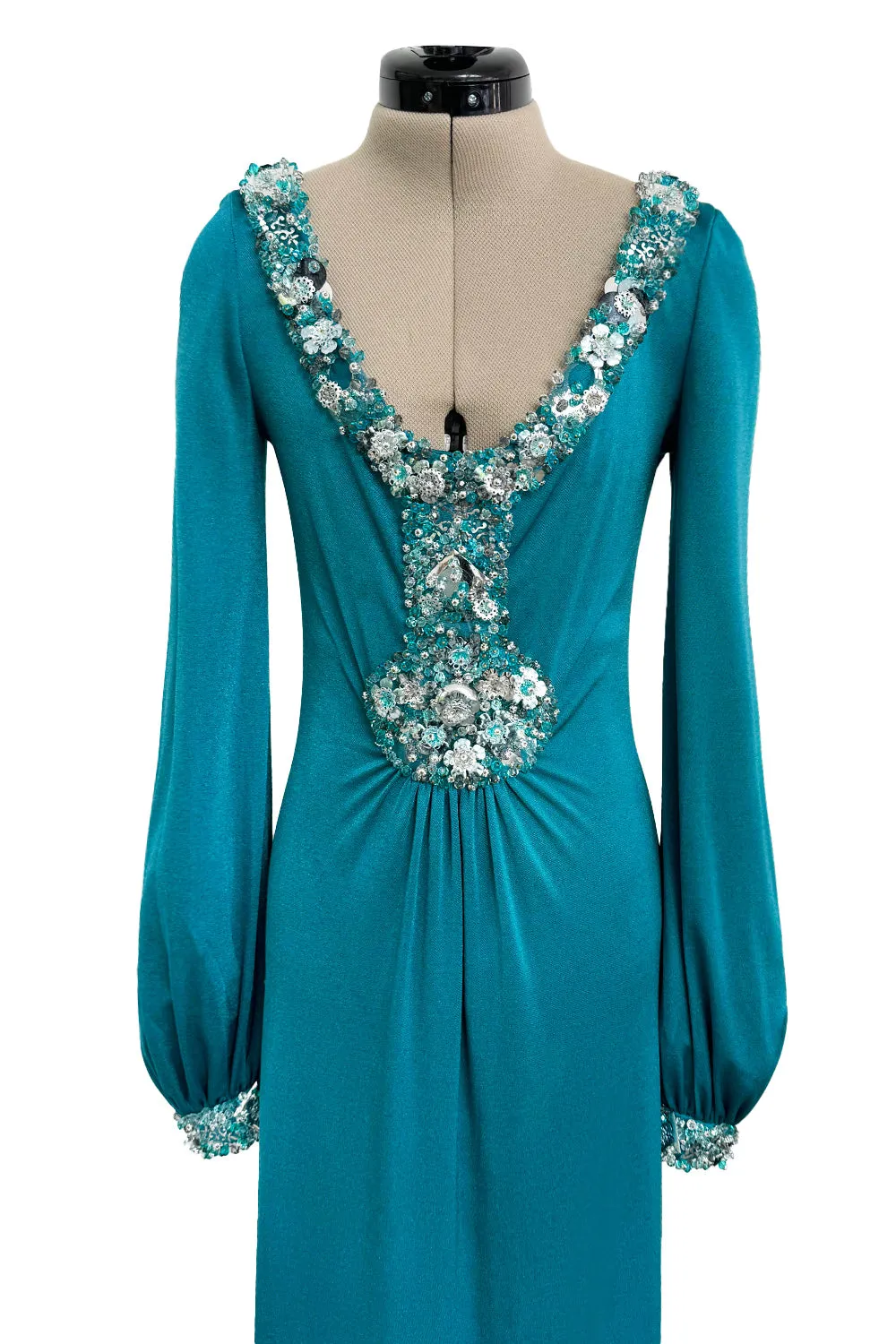 Spring 1971 Loris Azzaro Turquoise Silk Jersey Dress w Dense Bead & Pailettes Embellishments