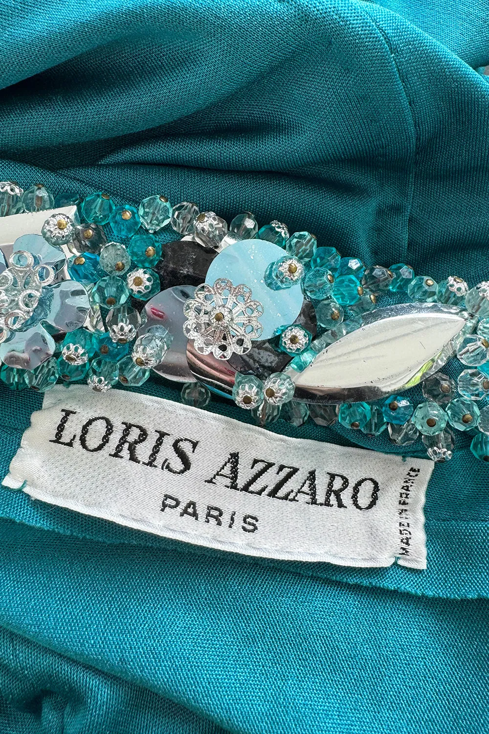 Spring 1971 Loris Azzaro Turquoise Silk Jersey Dress w Dense Bead & Pailettes Embellishments