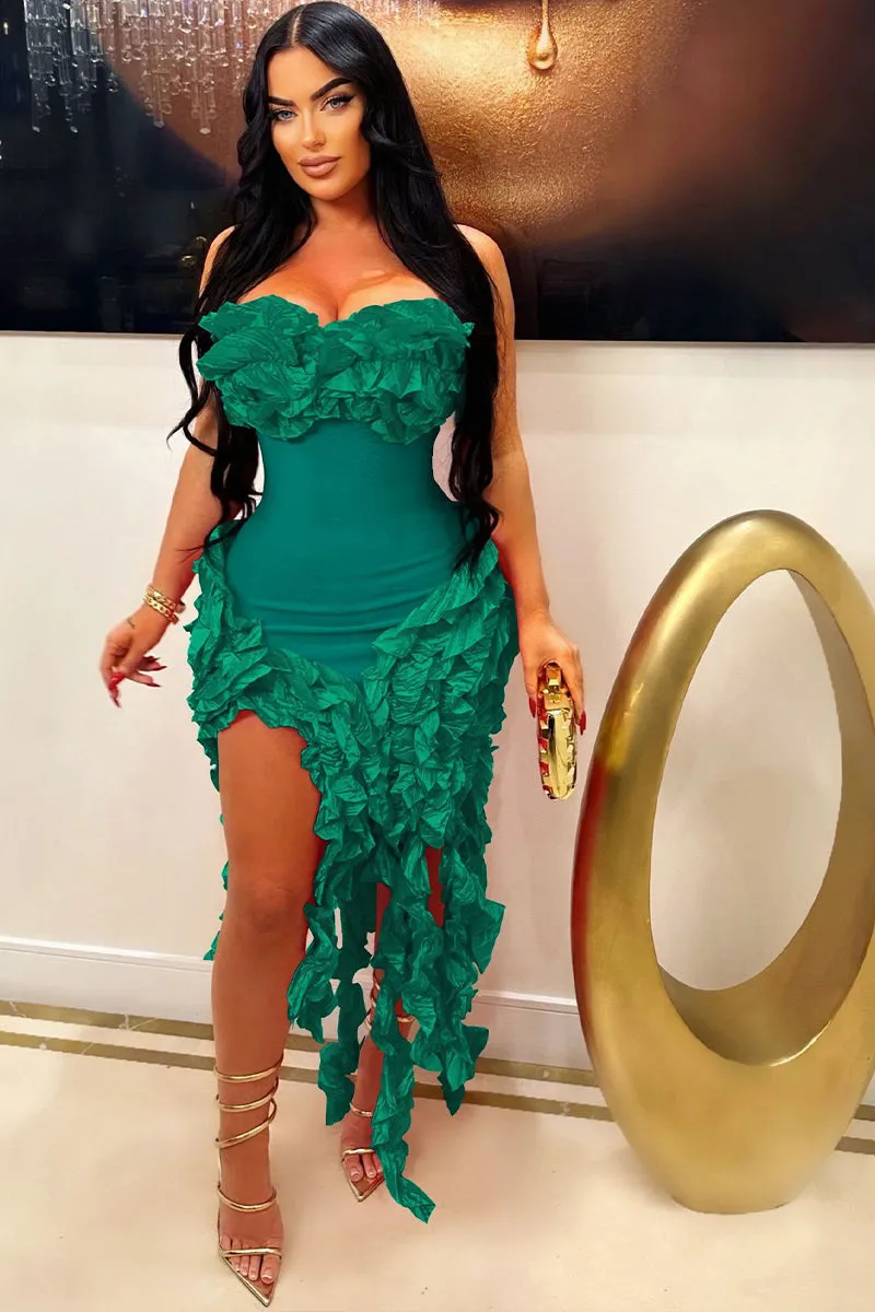 Strapless Fringe Ruffle Split Ruched lregular Midi Dress