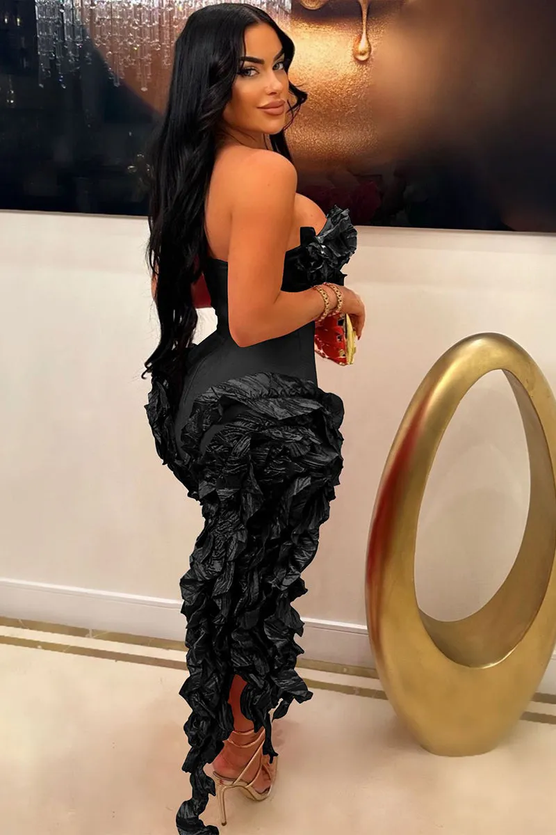 Strapless Fringe Ruffle Split Ruched lregular Midi Dress