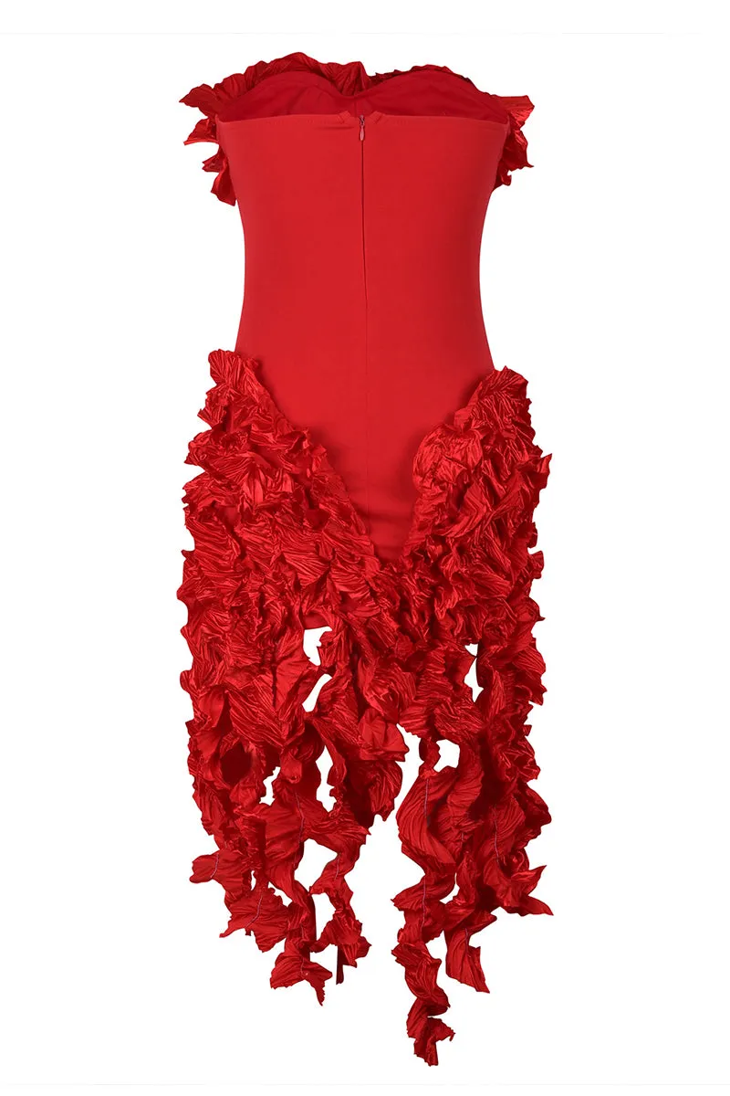 Strapless Fringe Ruffle Split Ruched lregular Midi Dress