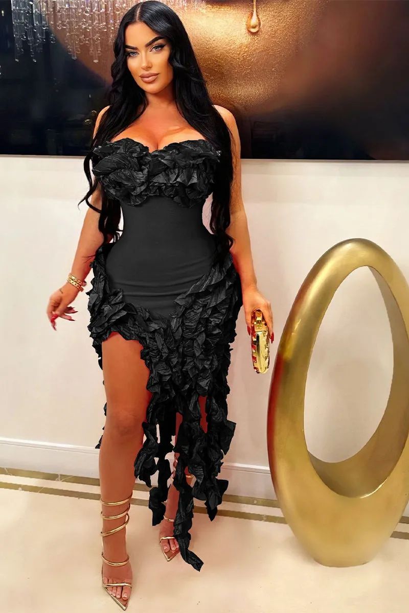 Strapless Fringe Ruffle Split Ruched lregular Midi Dress