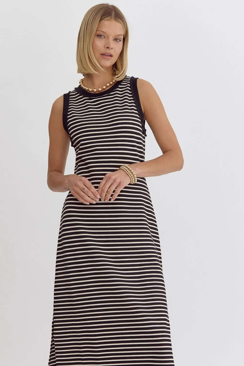 Stripe Ribbed Sleeveless Midi Dress