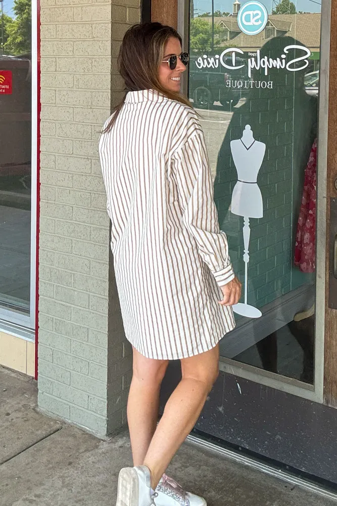 Striped Collar Button Up Shirt Mini Dress-Taupe