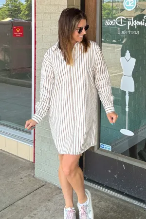 Striped Collar Button Up Shirt Mini Dress-Taupe