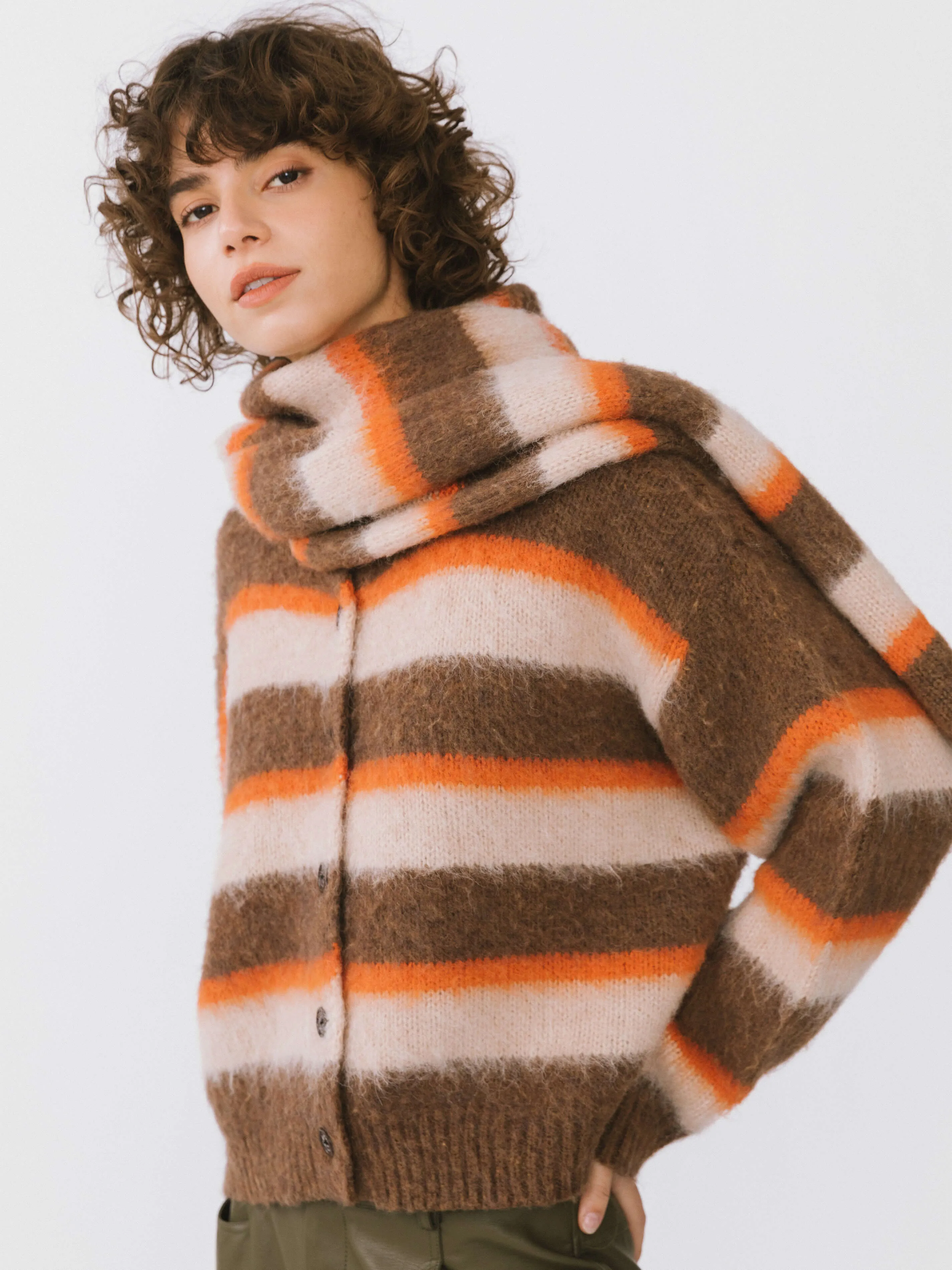 Striped Color Block Wool Knit Cardigan With Scarf
