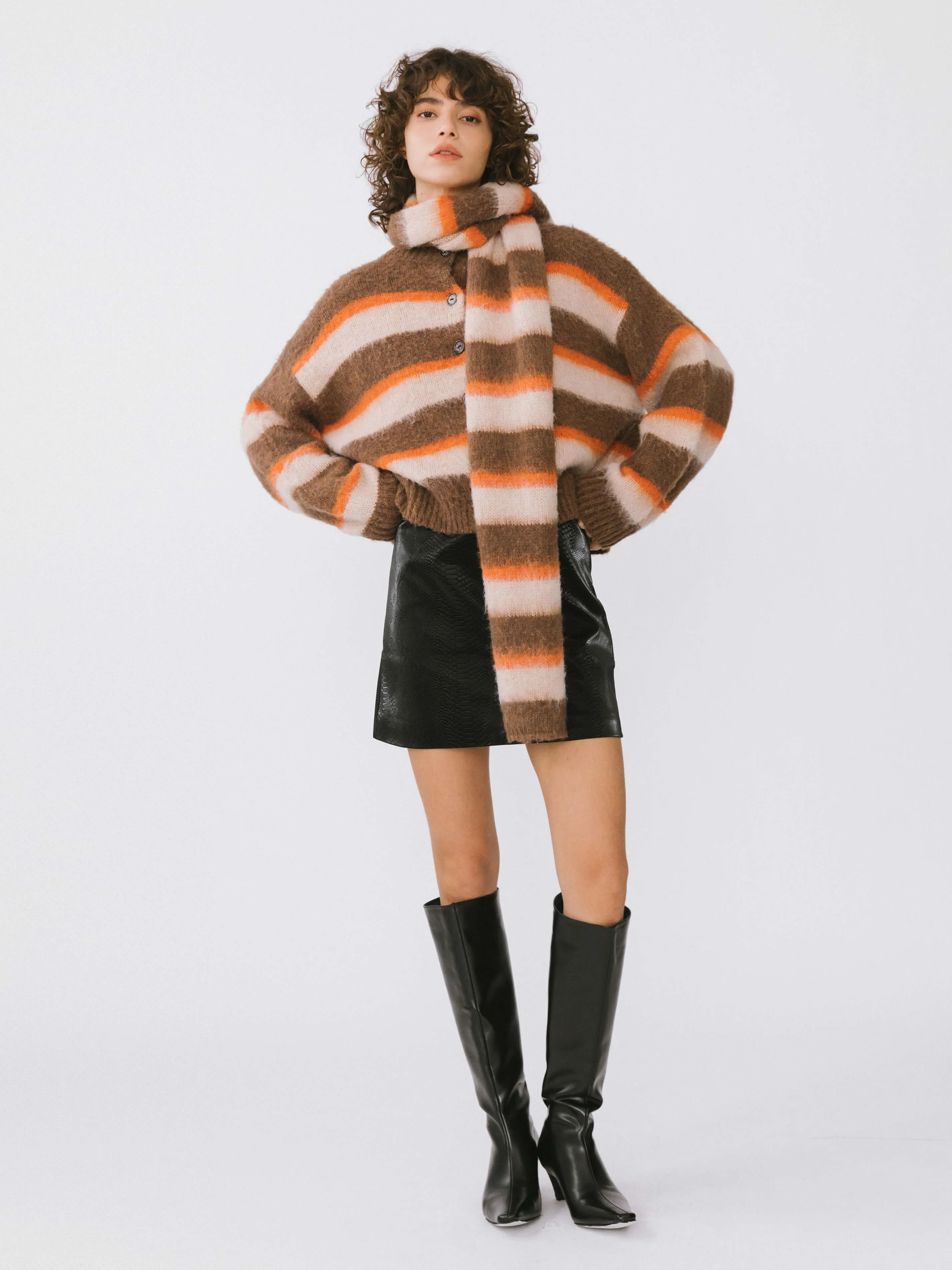 Striped Color Block Wool Knit Cardigan With Scarf