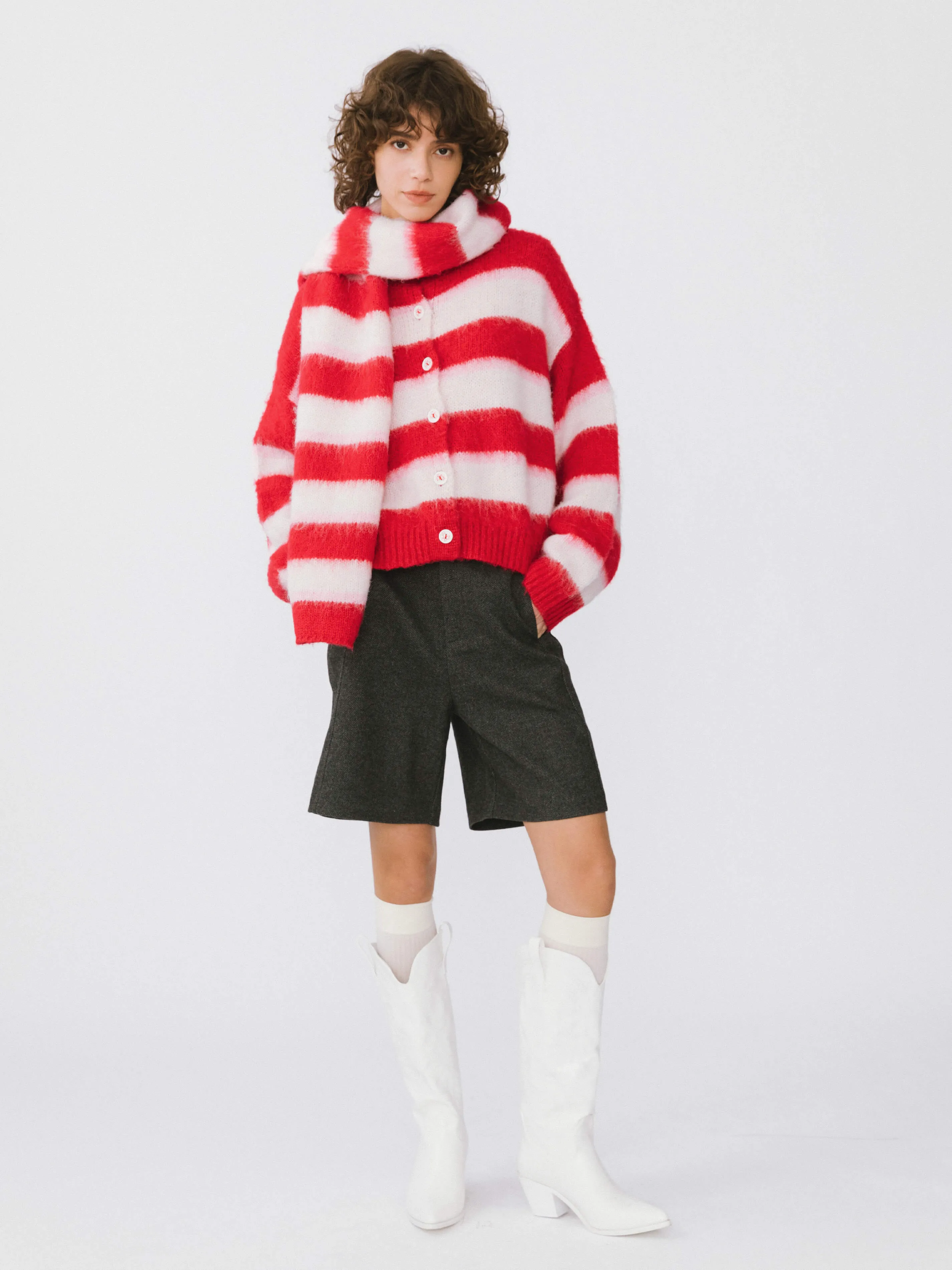 Striped Color Block Wool Knit Cardigan With Scarf