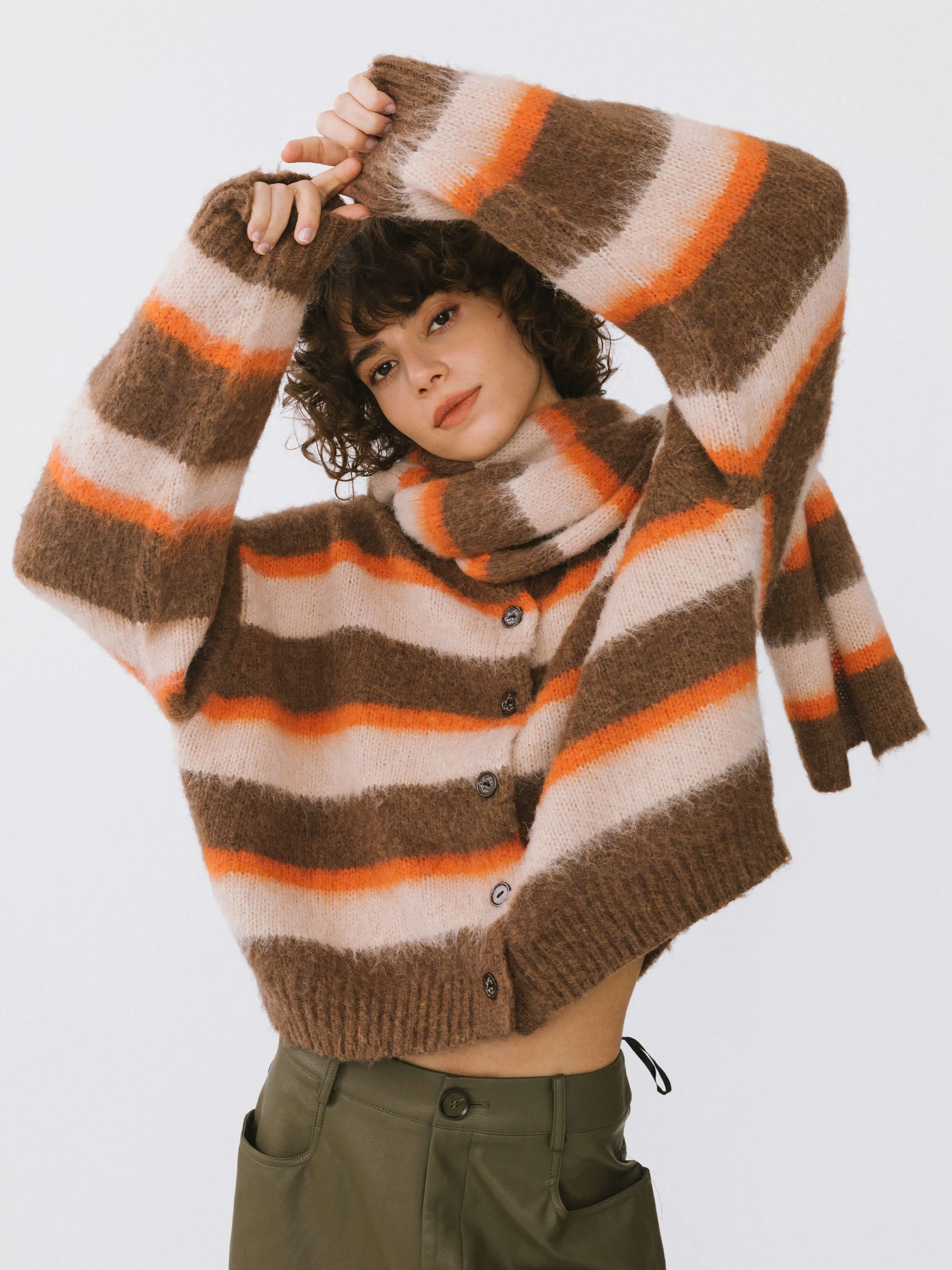 Striped Color Block Wool Knit Cardigan With Scarf