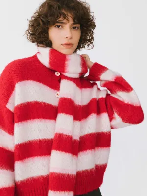 Striped Color Block Wool Knit Cardigan With Scarf