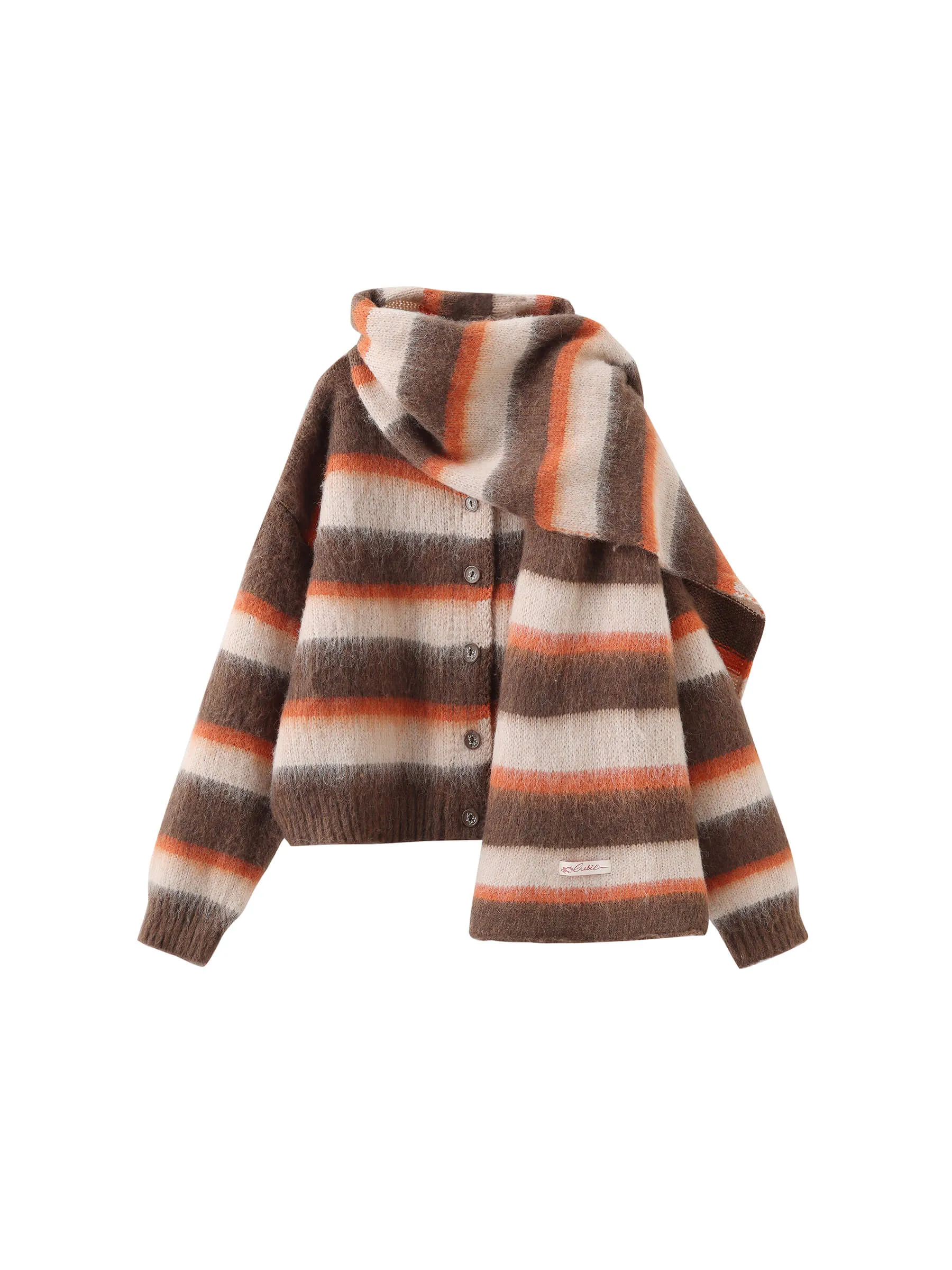 Striped Color Block Wool Knit Cardigan With Scarf